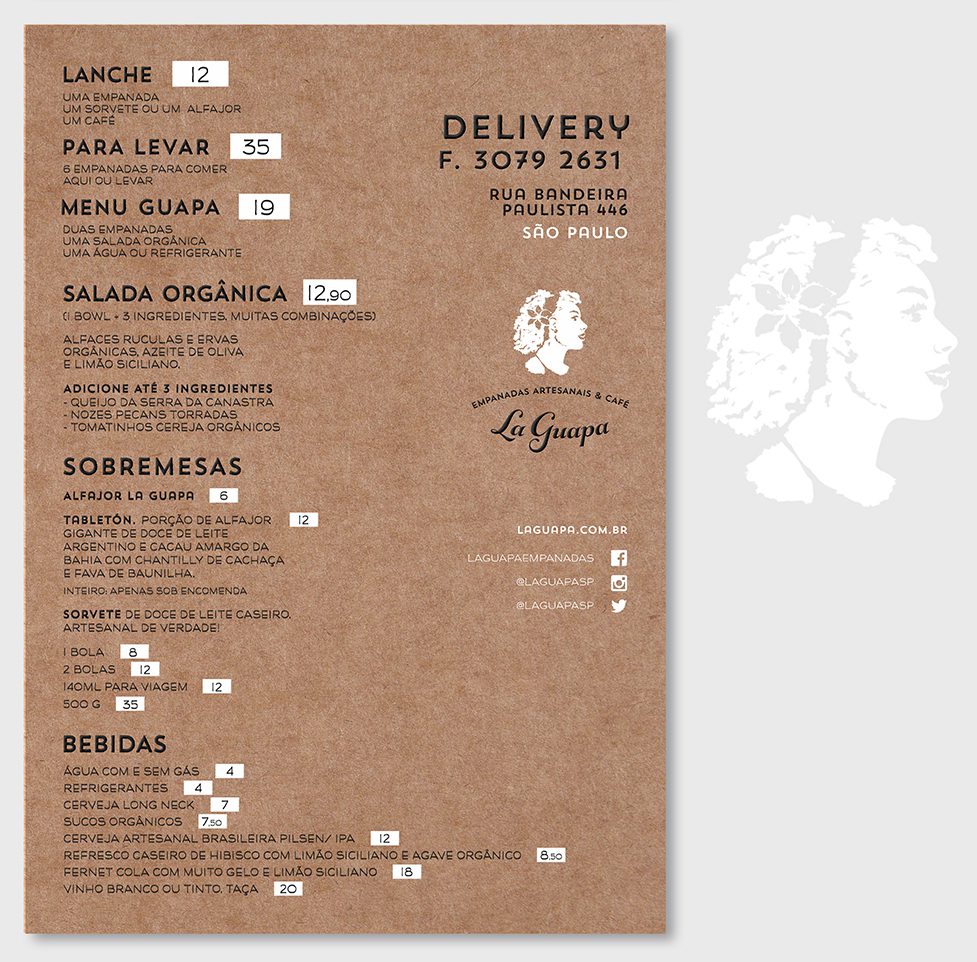 Design de menu em papel Kraft para a marca "La Guapa"