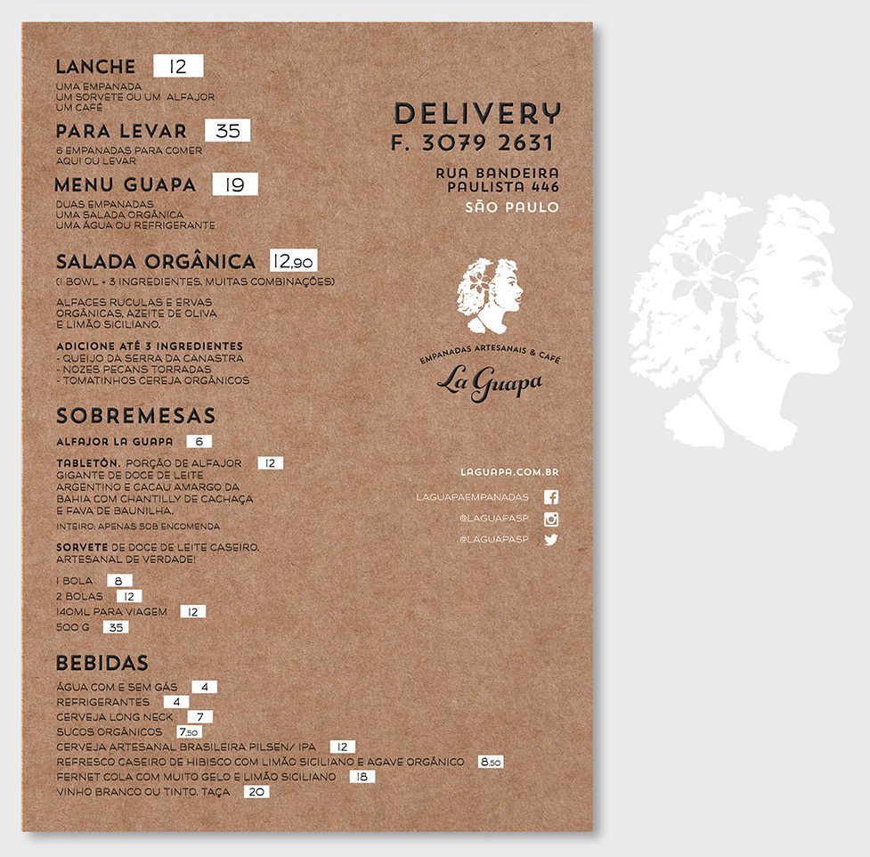 Design de menu para a marca “La Guapa” | Brandium Design de menu em papel Kraft para a marca "La Guapa"