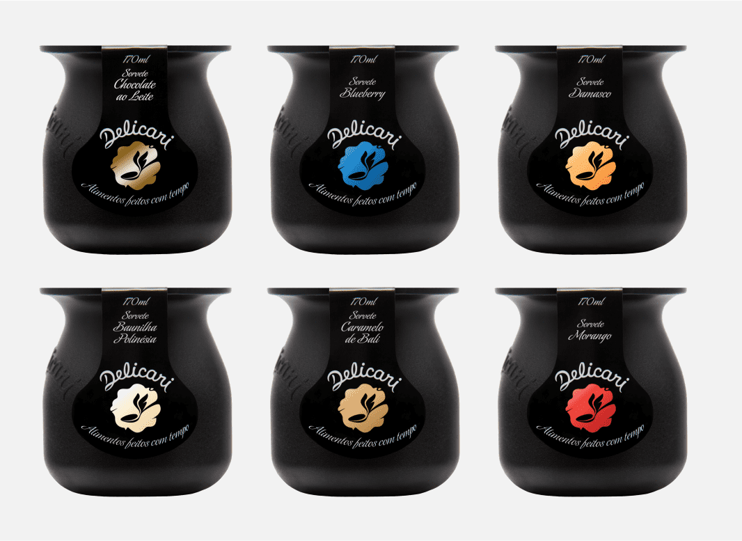 Conjunto de 6 potes pretos de Sorvete Delicari (170g) com rotulagem de diferentes sabores/ cores