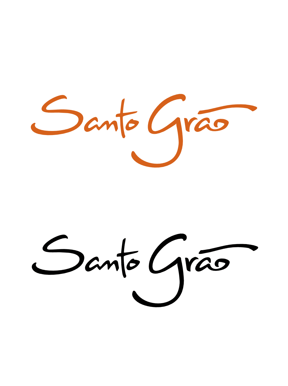 Marca Santo Grão em duas versões, laranja e preta, aplicadas sobre fundo branco. Design desenvolvido no âmbito do projeto de Identidade Visual.