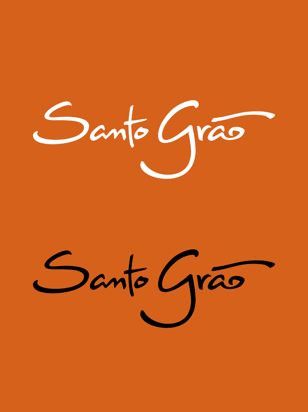 Marca Santo Grão aplicada sobre fundo de cor laranja. Design desenvolvido no âmbito do projeto de Identidade Visual.