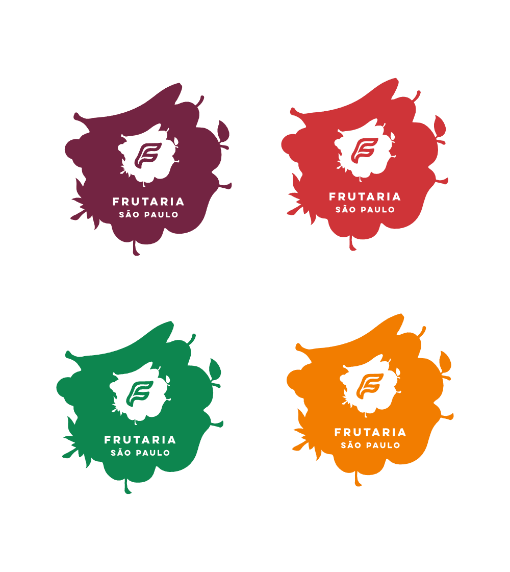 Conjunto de 4 adesivos para delivery de cores diferentes com a marca Frutaria São Paulo. Desenvolvidos pela Brandium no âmbito do projeto de Identidade Visual