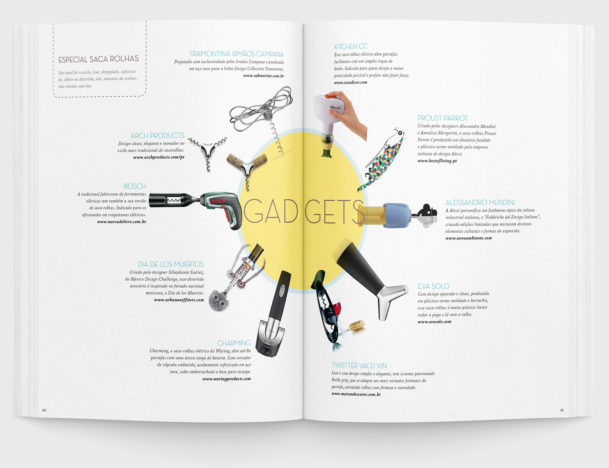Página Dupla da seção "Gadgets" da Revista "Wine Not?" feita pela Brandium no âmbito do projeto de Identidade Visual