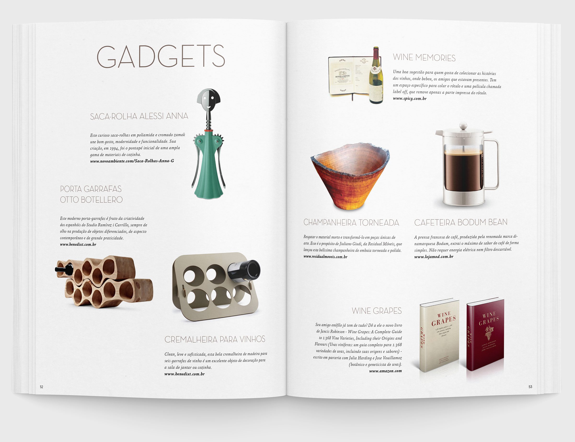 Página Dupla da seção Gadgets da Revista "Wine Not?" feita pela Brandium no âmbito do projeto de Identidade Visual