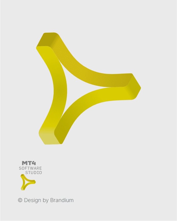 A yellow arrow-shaped logo pointing right (forward). Conceptual minimalist sculpture, structural design composed by the repetition of one element.