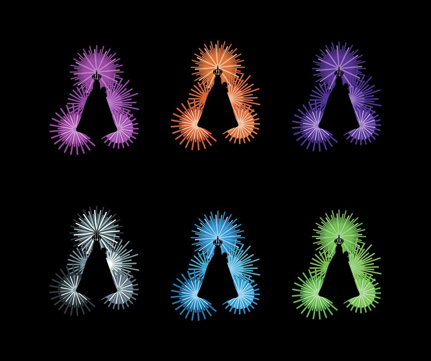 Versões coloridas do símbolo da marca Festas da Maia sobre fundo preto | Brandium