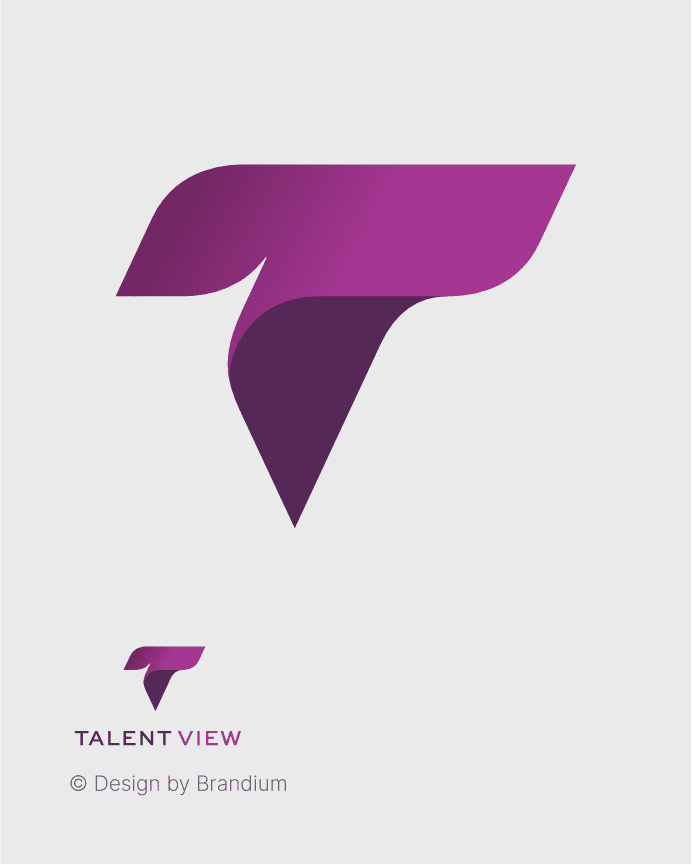 Letter "T" in shades of purple, in bold format, in a "ribbon" style with a movement pointing to the right. The descender of the letter "T" in a V shape.