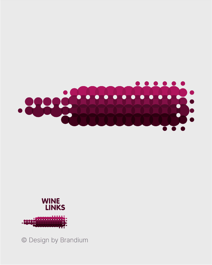 Image of a wine bottle composed of a series of purple dots (various shades) forming the image of a wine bottle, pointillism.