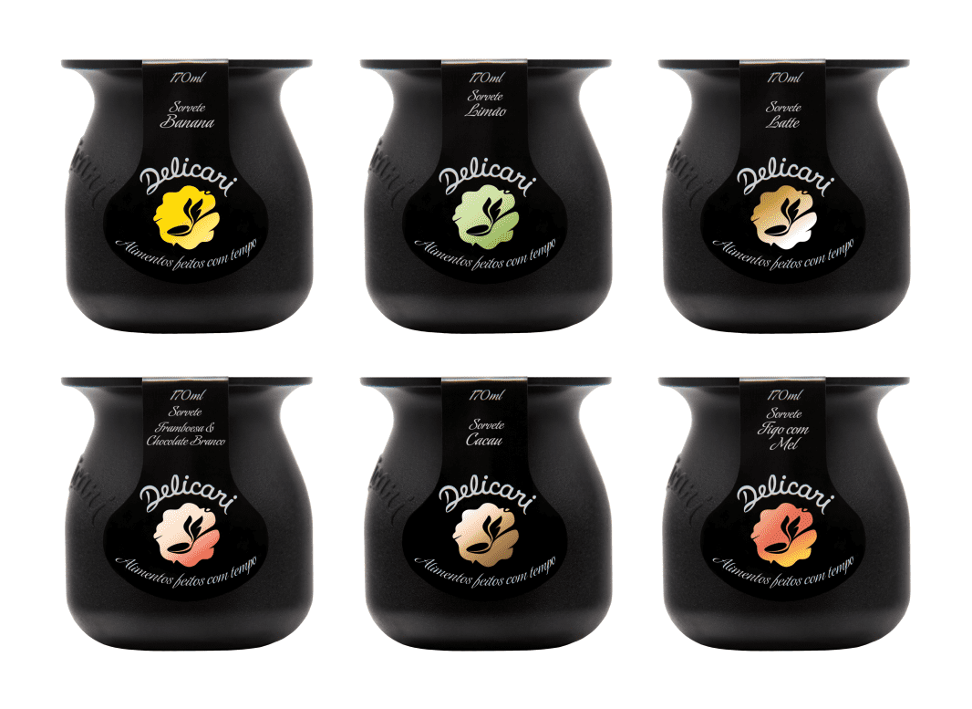 6 potes de pretos 170g com rotulagem de Sorvete Delicari desenhados pela Brandium