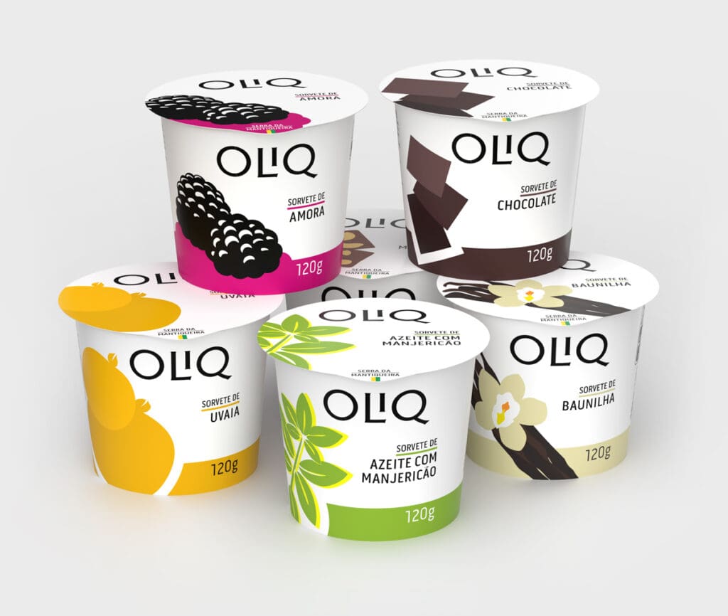 Embalagens de sorvete OLIQ (vista lateral) Desenvolvidas pela Brandium