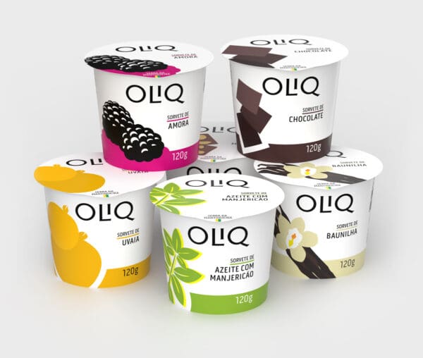 Design da Identidade Visual das Embalagens de sorvete OLIQ com abordagem minimalista.