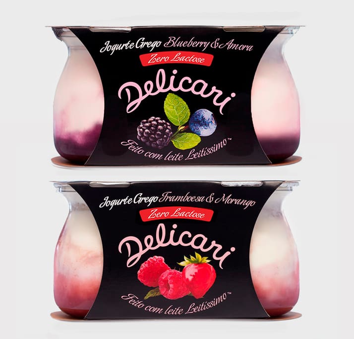 Duos de Iogurte Grego Delicari, sabores Amora & Blueberry, Framboeasa & Morango)
