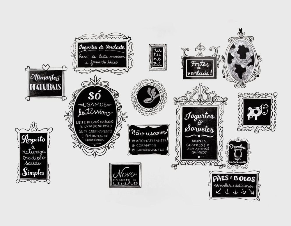 Mural de loja composto por molduras pintadas na parede (a preto) com mensagens diversas sobre a Delicari. Tudo em estilo retrô.