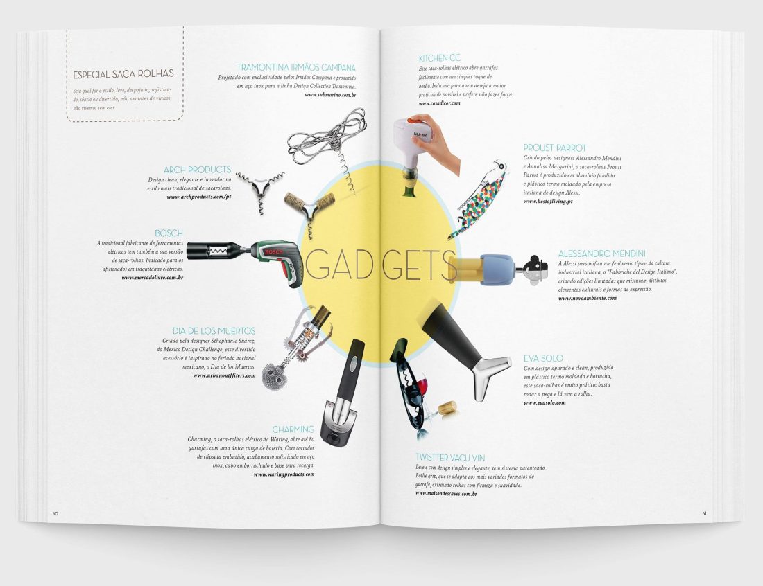 Página Dupla da seção "Gadgets" da Revista "Wine Not?" feita pela Brandium no âmbito do projeto de Identidade Visual