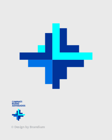 Símbolo da marca Caminato Bueno Advogados, São Paulo, Brasil. Símbolo que representa o sinal "+" (mais) pela "união" de elementos geométricos ortogonais em distintos tons de azul.