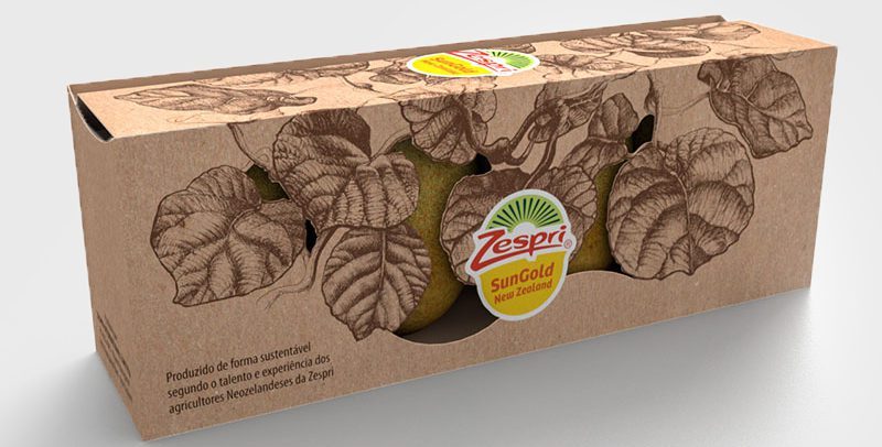 Image of a kraft packaging prototype for Zespri (Sungold) by Brandium, a closed box with printed kiwi leafs hand drawn illustration (in black)