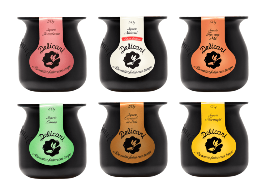 6 potes pretos de 170g com rótulos coloridos para Iogurte Delicari desenhados pela Brandium
